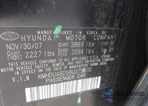 2008 Hyundai Elantra Gls/Se from USA, damaged, VIN KMHDU46D58U379570